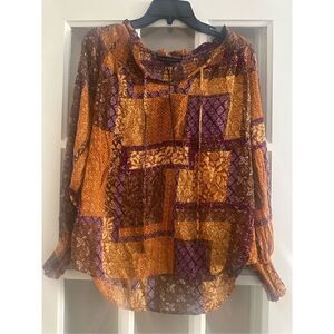 Women's Multicolor V-Neck long Sleeve Peasant tunic Blouse Size Small